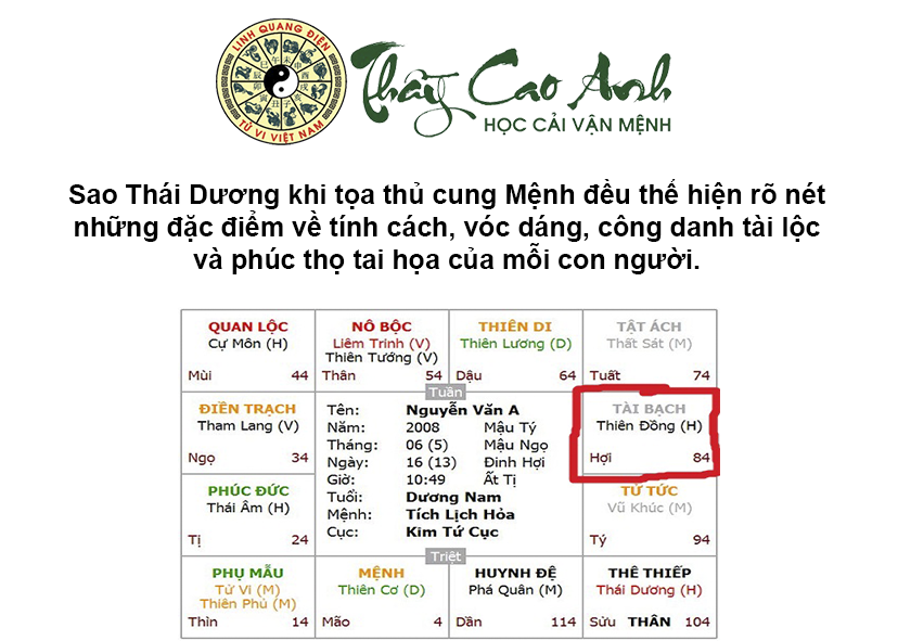 Luận giải sao Thái Dương trong lá số tử vi